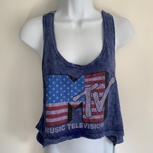 MTV Flag Print Faded Blue Crop Top Tank